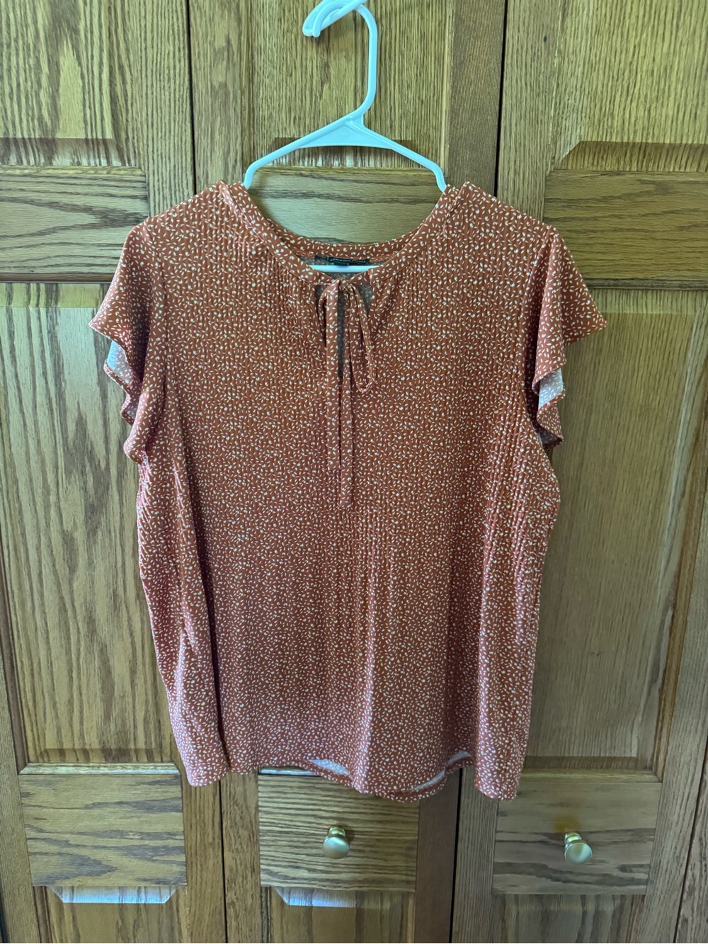 Rust Dot Tie-Neck Flutter Sleeve Women's Top